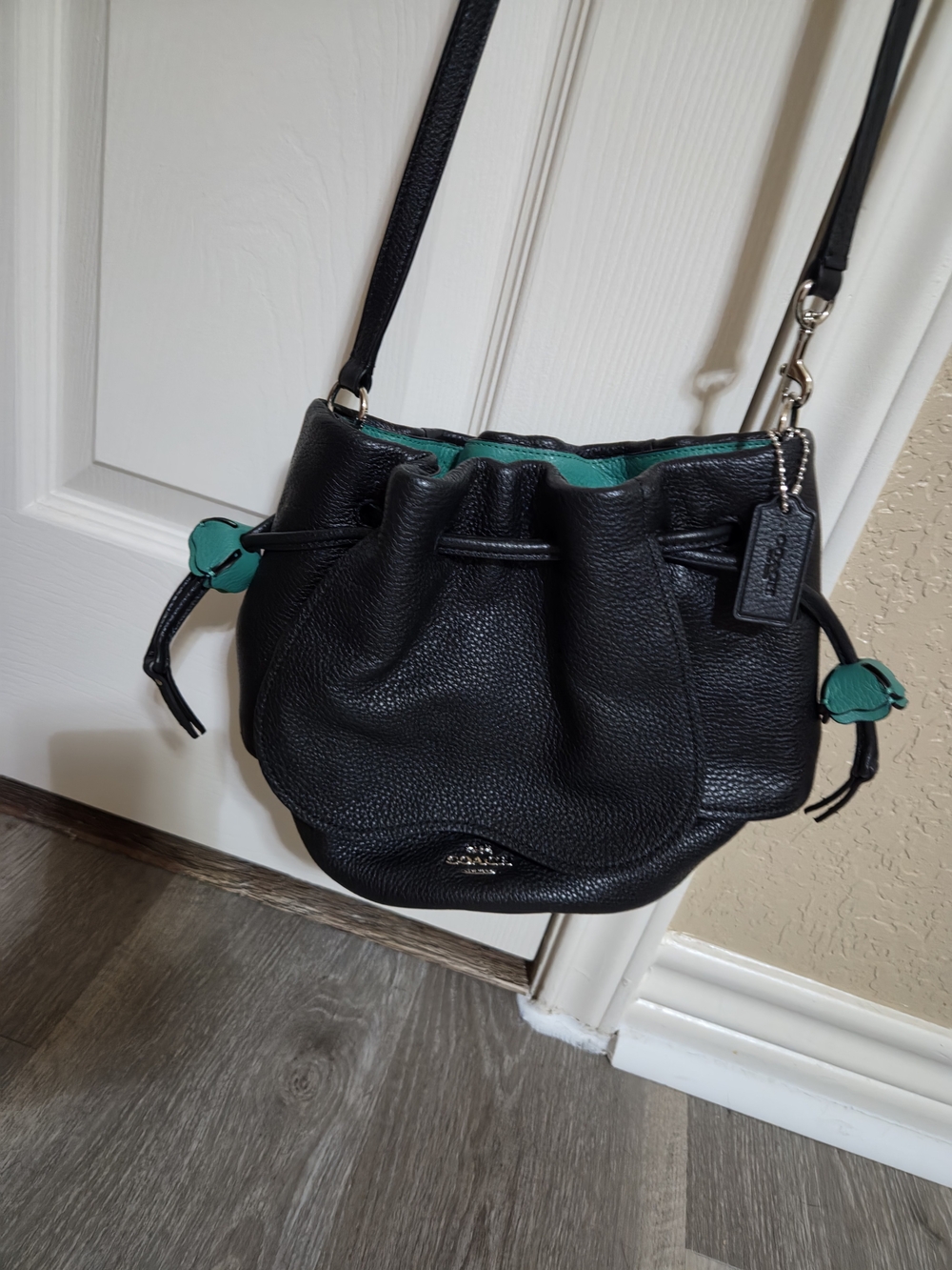 Coach Black Leather Drawstring Crossbody with Teal Trim